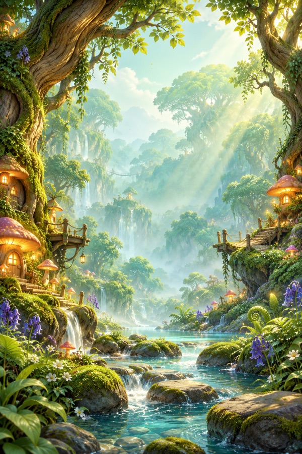 A sunlit woodland with mushroom houses and a winding stream.