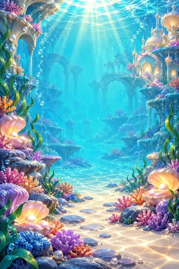 An underwater sanctuary with glowing coral and shell arches.